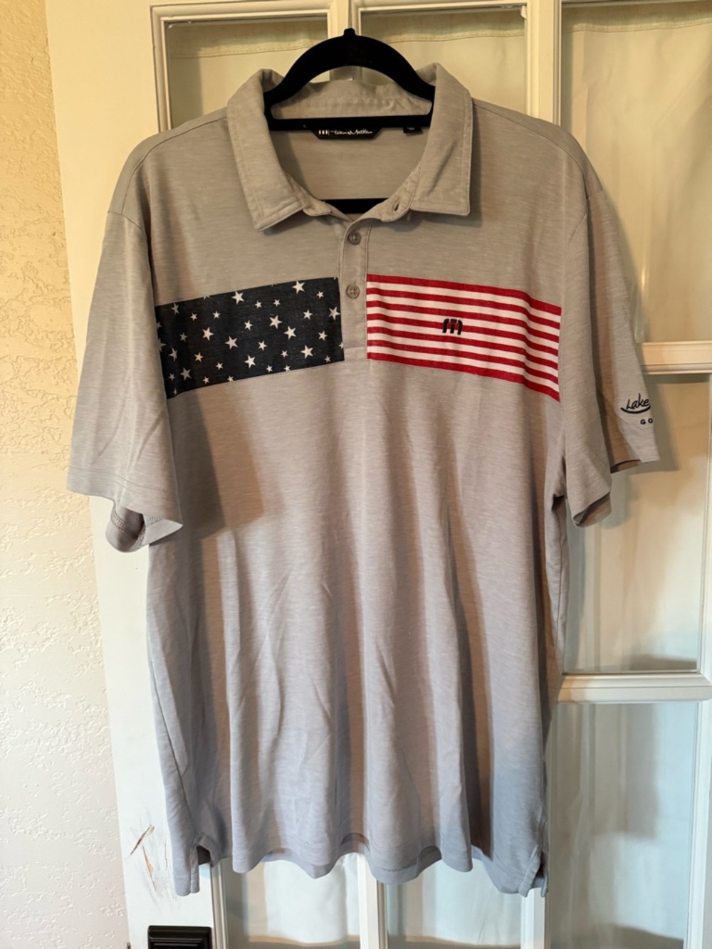 Travis Mathew Gray Polo with American Flag Chest Panels Americana